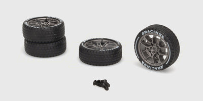 Fire sorte gummihjul til BTD Drifter fjernstyret bil vist på en hvid baggrund.