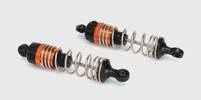 To sorte Hammer bagstøddæmpere med sølvfarvede fjedre til fjernstyret bil vist på en hvid baggrund.