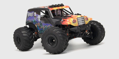 Sort Hurricane XL brushless monster truck med store offroad-hjul og detaljeret karrosseri på hvid baggrund.