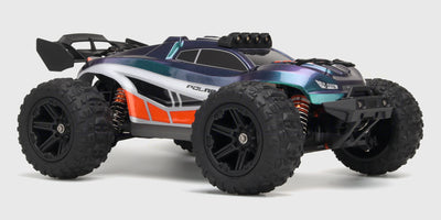 Hurricane XL fjernstyret bil med orange karrosseri og store offroad dæk vist fra siden på hvid baggrund.