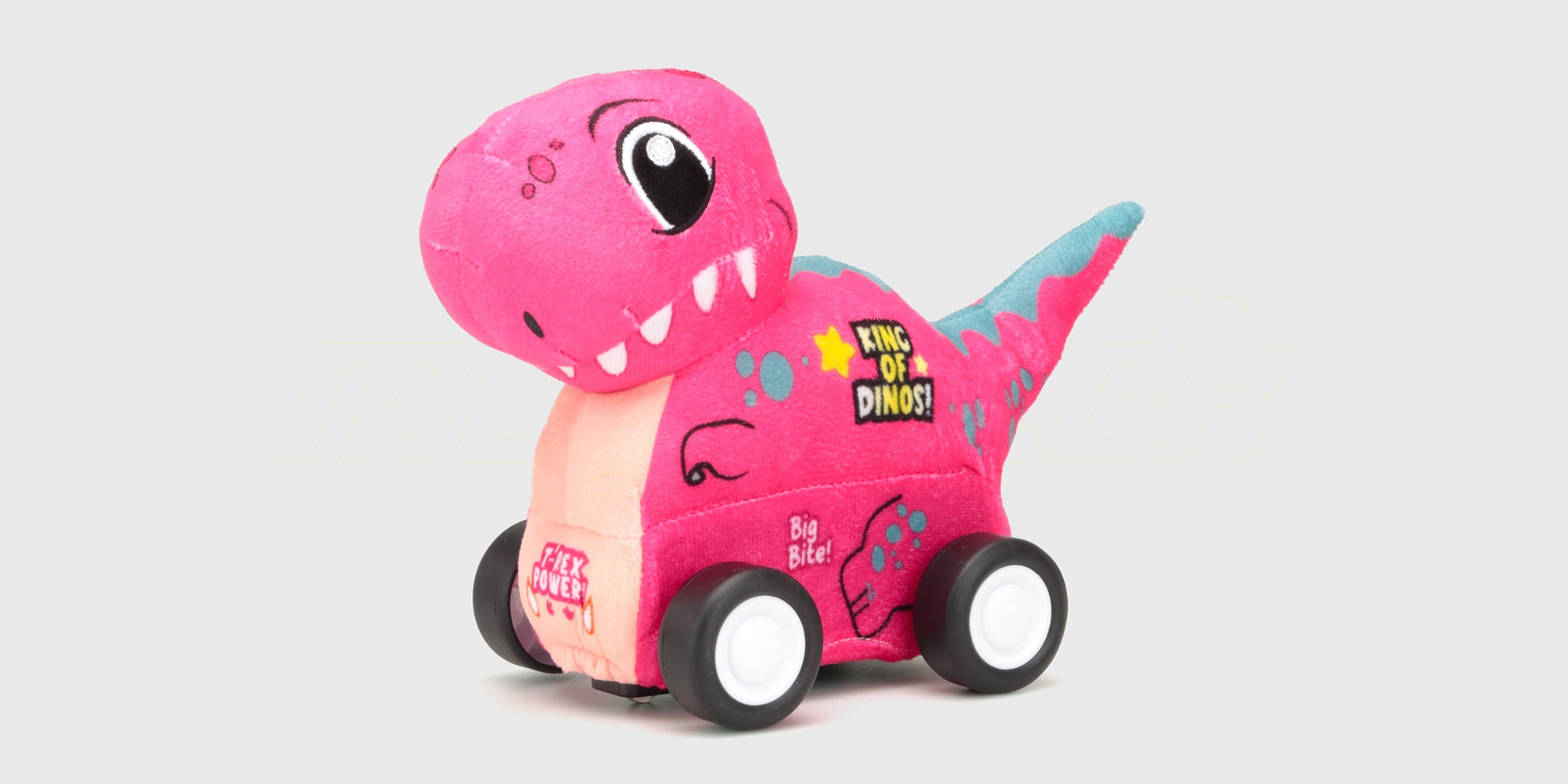 Blød pink fjernstyret T-Rex med farverige detaljer og fire hjul