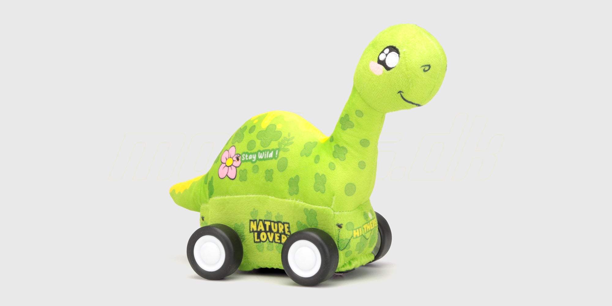 Blød grøn fjernstyret dinosaurus med lang hals og fire hjul