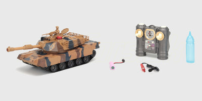 Fjernstyret Battle Tank Metal LE i realistisk camouflage med robuste bælter og metalkomponenter.
