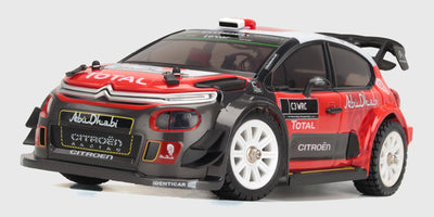 HyperGo Drift rød og sort Citroen rallybil med hvide fælge og LED-lys vist på hvid baggrund.