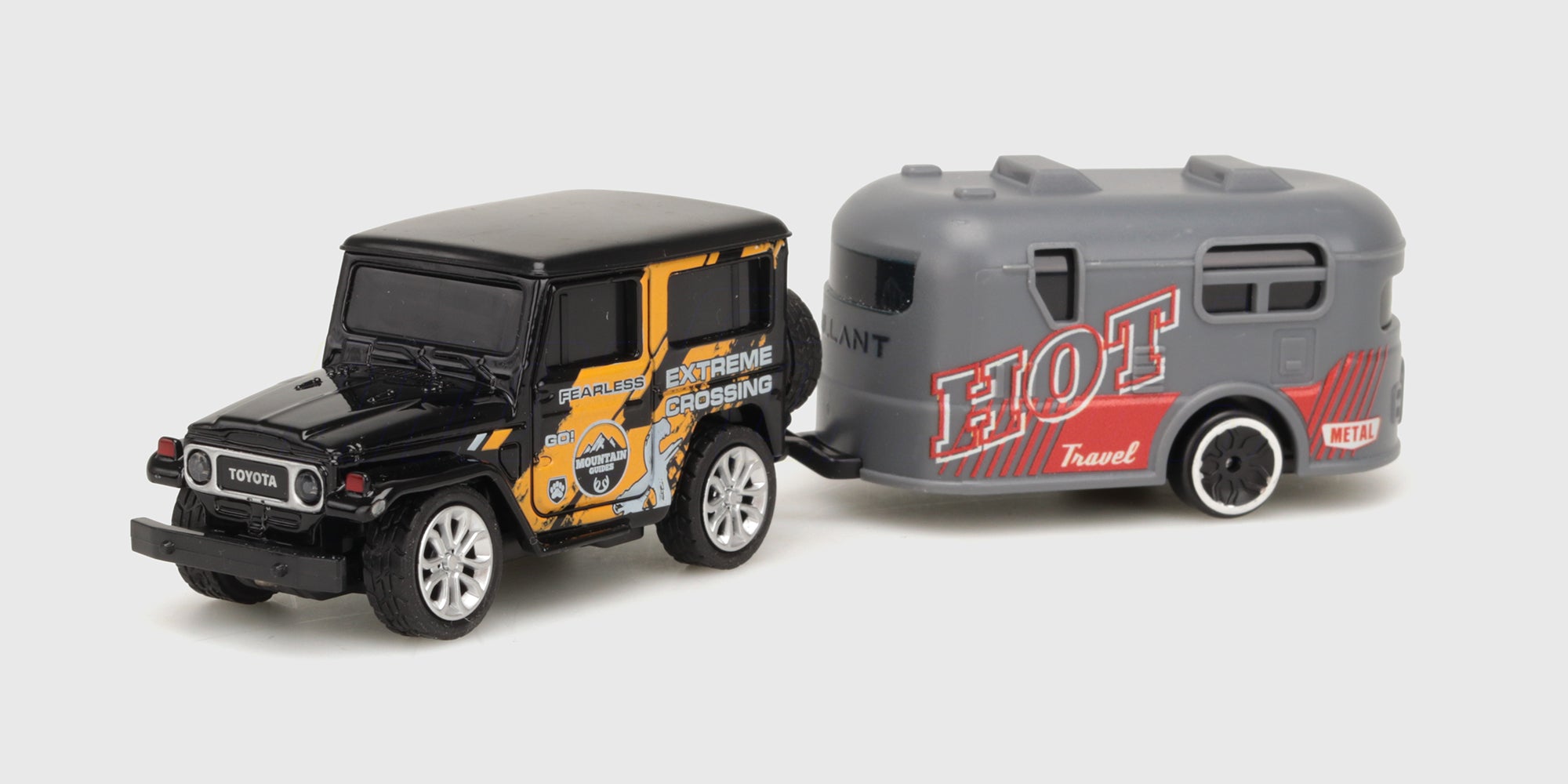 Sort og gul Mini RC Car Land Cruiser med grå campingtrailer