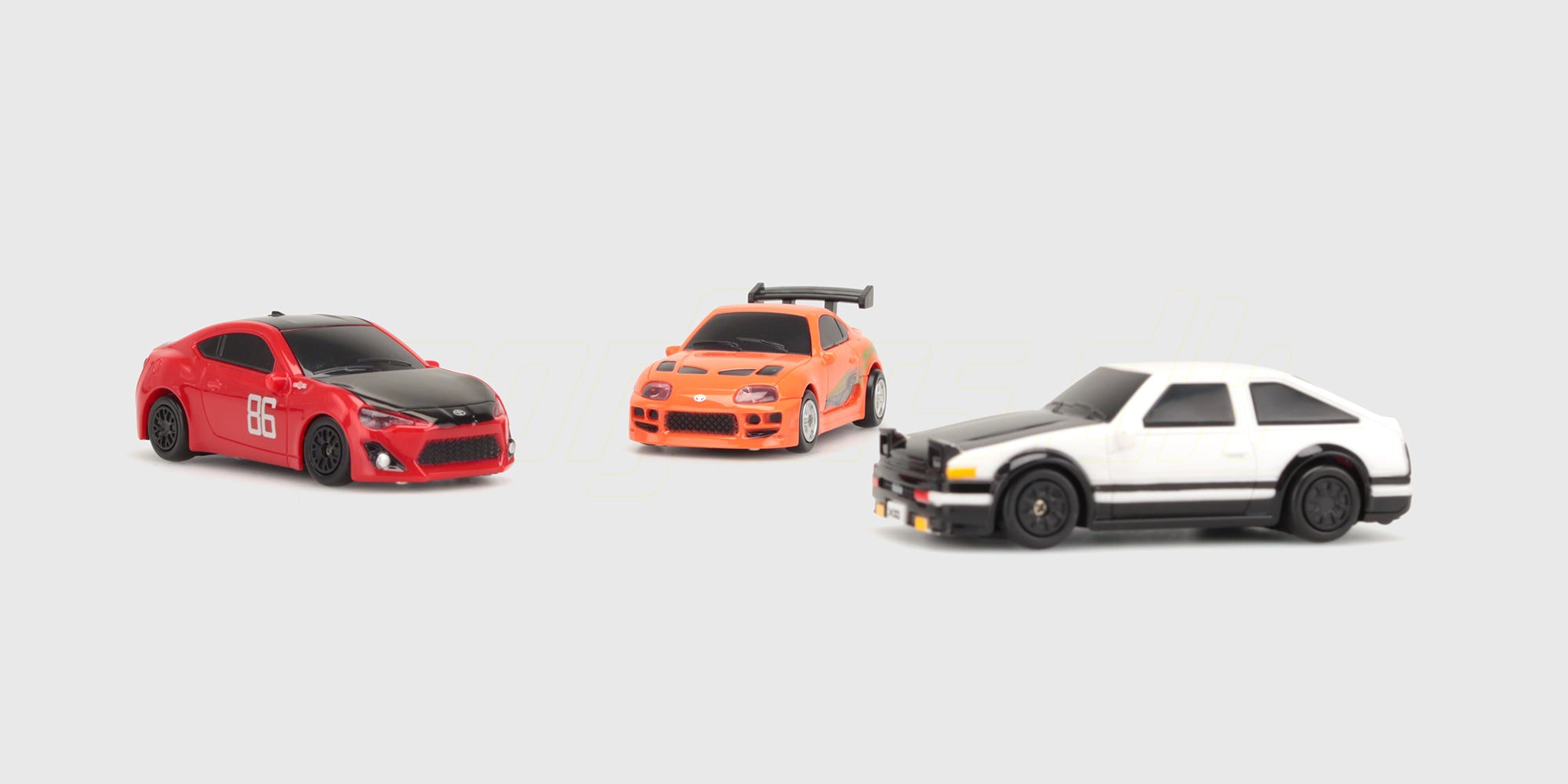 Nano Drift i modellerne Toyota GT86, Supra MK4 og AE86 samlet på hvid baggrund
