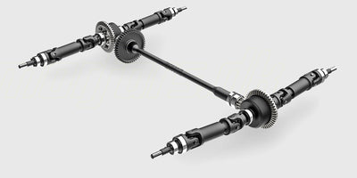 Nærbillede af den robuste metalgearkasse og transmission i en Traxxas Mini Maxx fjernstyret bil.