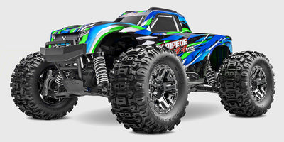 Blå Traxxas Stampede 4x4 VXL fjernstyret monster truck med store offroad-hjul på hvid baggrund.