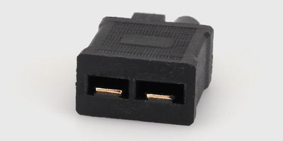 Adapterkabel med sort TRX hunstik og hvidt Tamiya hanstik til batterier i fjernstyrede biler.