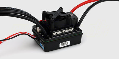 Vandtæt EZRUN WP-80A brushless ESC med køleblæser og sorte ledninger til fjernstyrede biler.