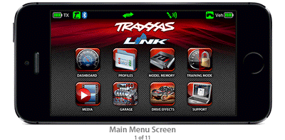 Smartphone med Traxxas Link app der viser telemetri og indstillinger til trådløst Bluetooth modul.