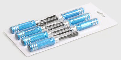 Værktøjssæt med syv dele i en praktisk opbevaringsæske til vedligeholdelse af fjernstyrede biler.